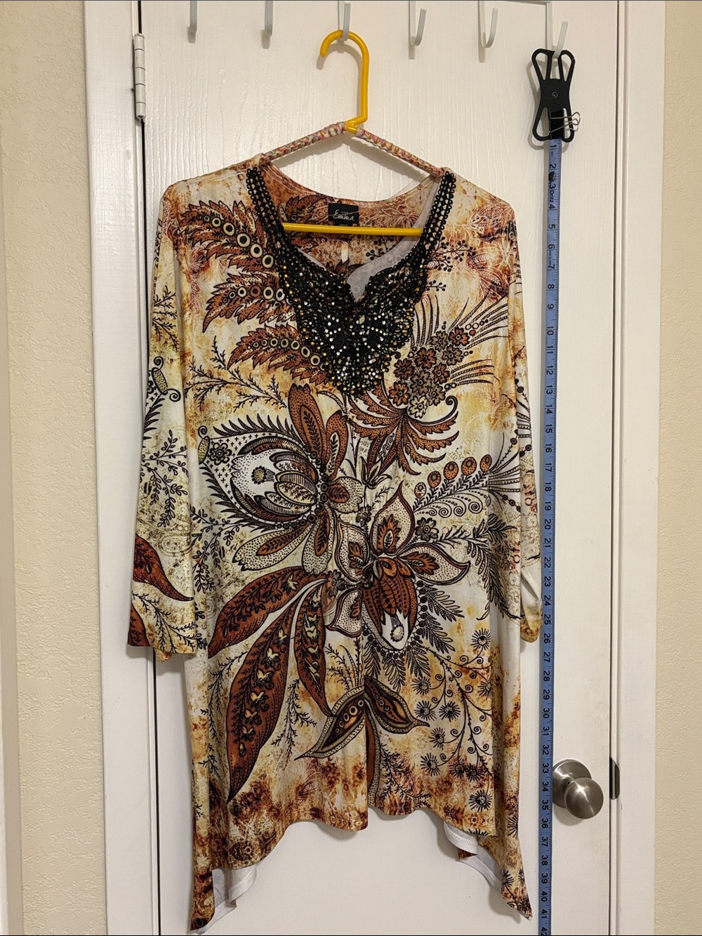 Simply Emma Embellished Paisley V-Neck Tunic - Brown Cream Black